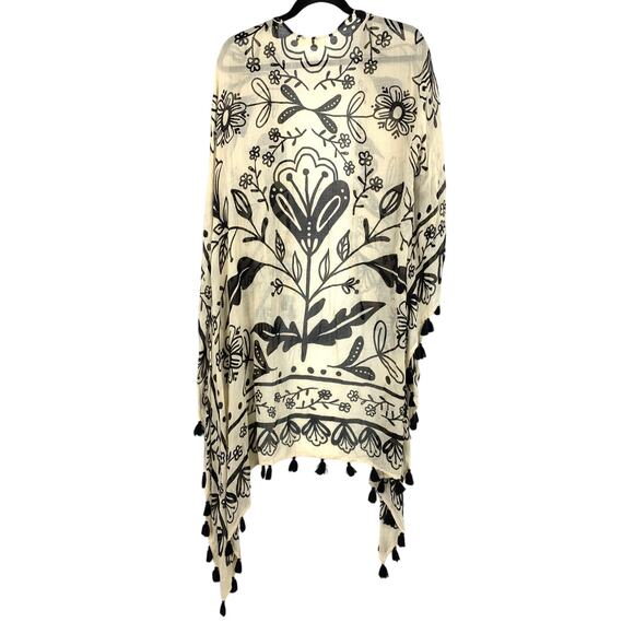 Natural Life Womens OS Tassel Trim Kimono Black Beige Botanical Floral Print - Picture 2 of 6